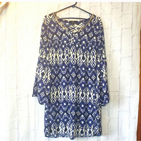 ELLOS Beaded Neckline Batik Print Popover Dress - Picture 1 of 9